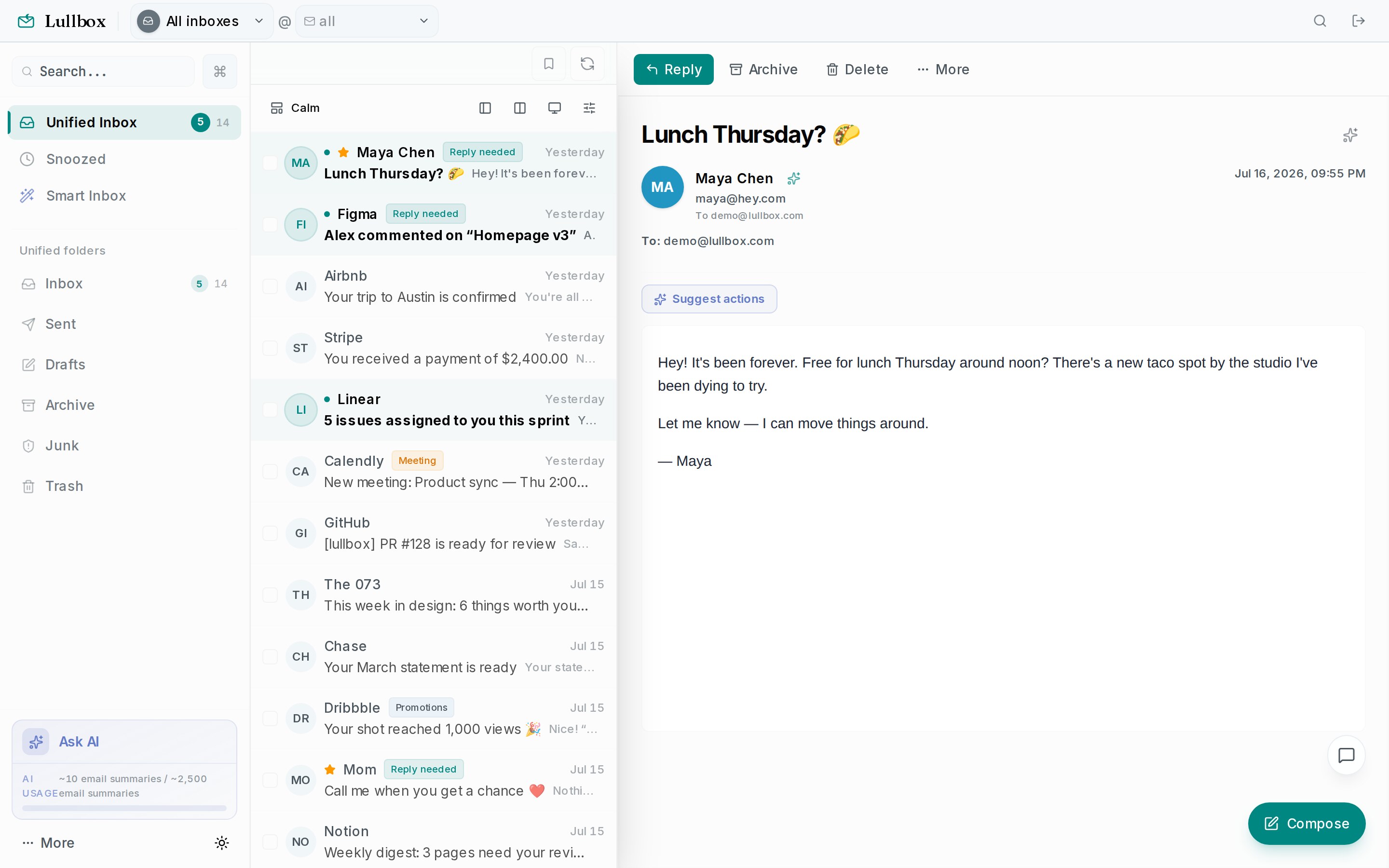 The Lullbox app signed in — unified inbox with AI 'Reply needed' and 'Meeting' labels, folders, and a calm reading pane
